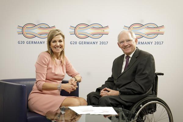 Queen Máxima met with Germany's Finance Minister Wolfgang Schauble to discuss financial inclusion during the country's G20 presidency.