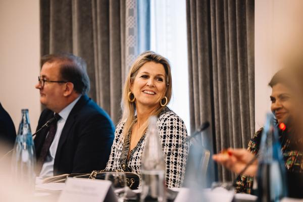 H.M. Queen Máxima of the Netherlands, the United Nations Secretary-General’s Special Advocate for Inclusive Finance for Development (UNSGSA), is pictured speaking at a financial health roundtable meeting on 27 October 2023 in Paris. Photo: Mastercard / Nuno Patricio