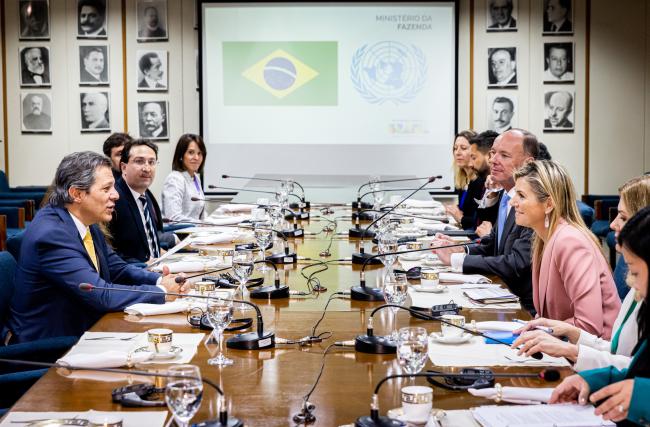 UNSGSA Queen Máxima and Brazil Minister of Finance Fernando Haddad are pictured holding a bilateral meeting in Brasilia on 6 June 2023 to discuss financial inclusion and financial health. Photo: Patrick van Katwijk