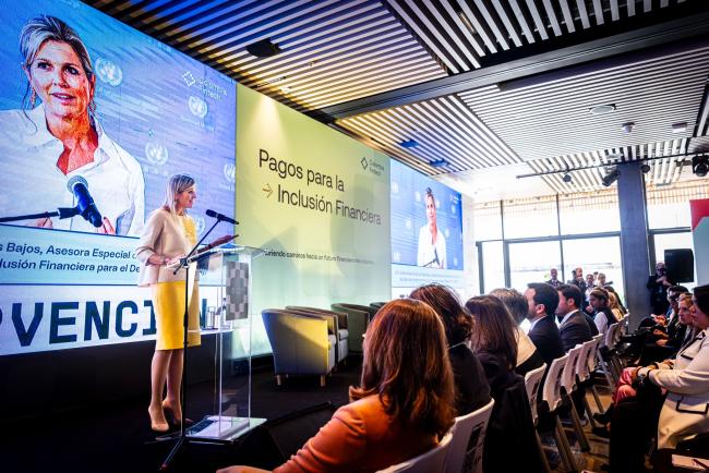 Queen Máxima delivers remarks at a fintech conference in Bogota, Colombia.